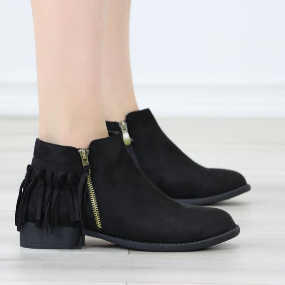 Black Fringe Ankle Boots Gold Zipper Low Block Heel Faux Suede Casual Shoes - Picture 4 of 12